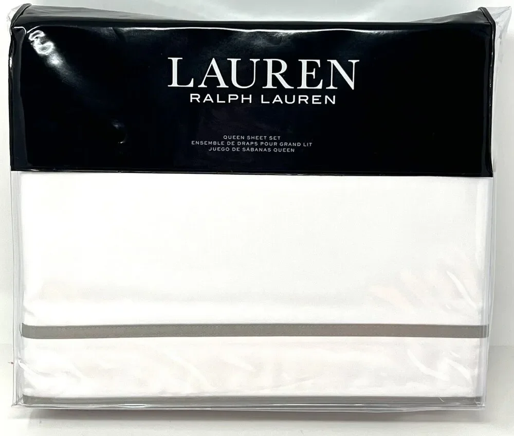 Ralph Lauren Spencer Border Sateen Queen Sheet Set White Grey Gray 4 Pcs. NIP